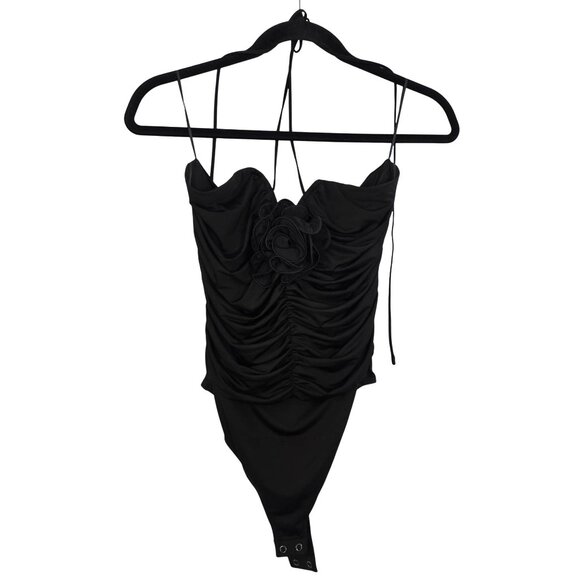 Express Black Ruched Halter Bodysuit With Floral Accent M - Picture 1 of 7